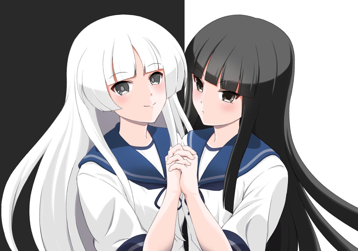 hatsuyuki (kancolle) long hair looking at viewer smile shirt multiple girls black hair white background  illustration images