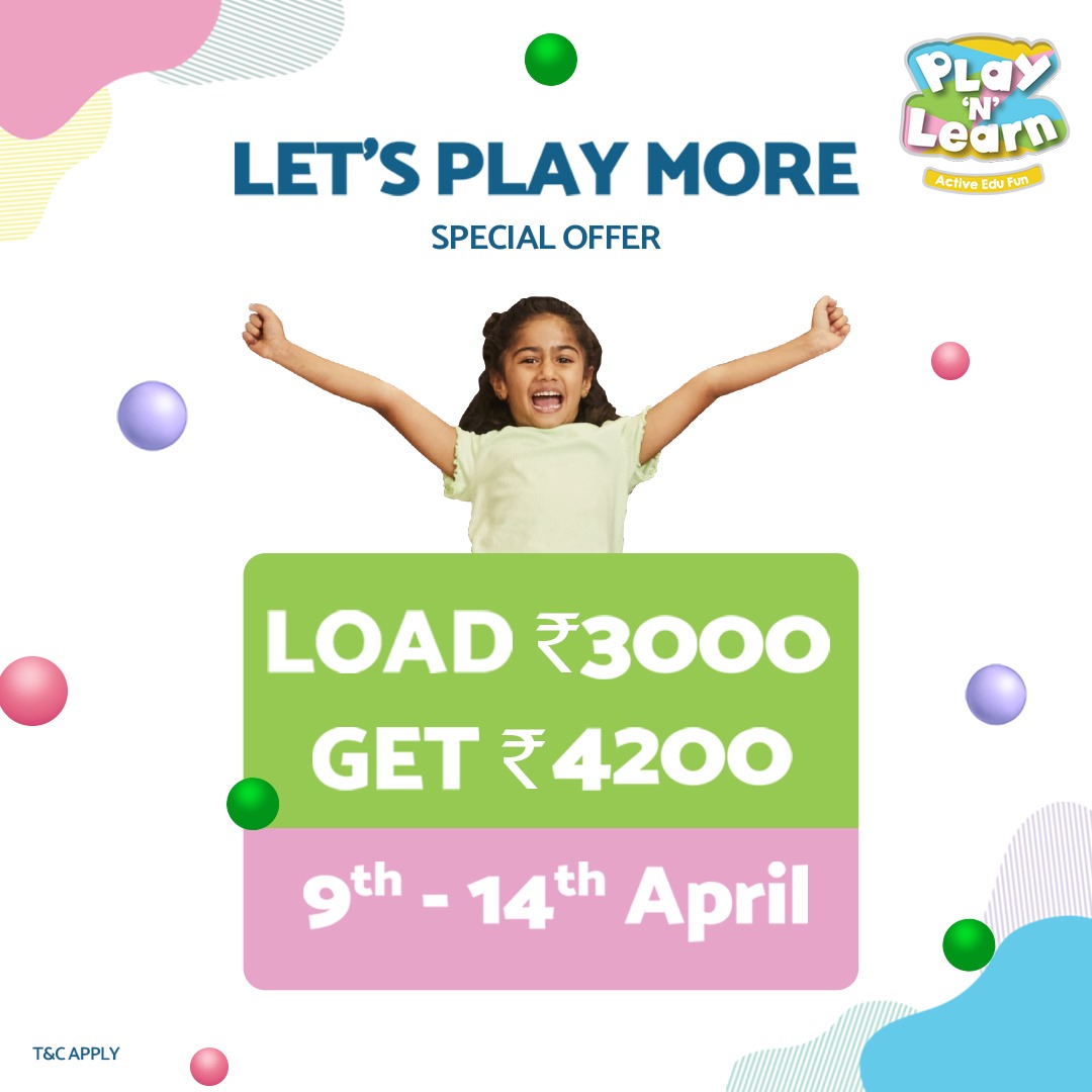 TheGVKone's tweet image. Play more with Festive Special Offer at @playnlearn_ind from 9th to 14th April.
Hurry, It’s Playtime! Visit us at #GVKOne!

#PlayNLearn #IndoorPlayArea #Kidsplay #Ballpool #Trampoline #OfferAlert #Offer