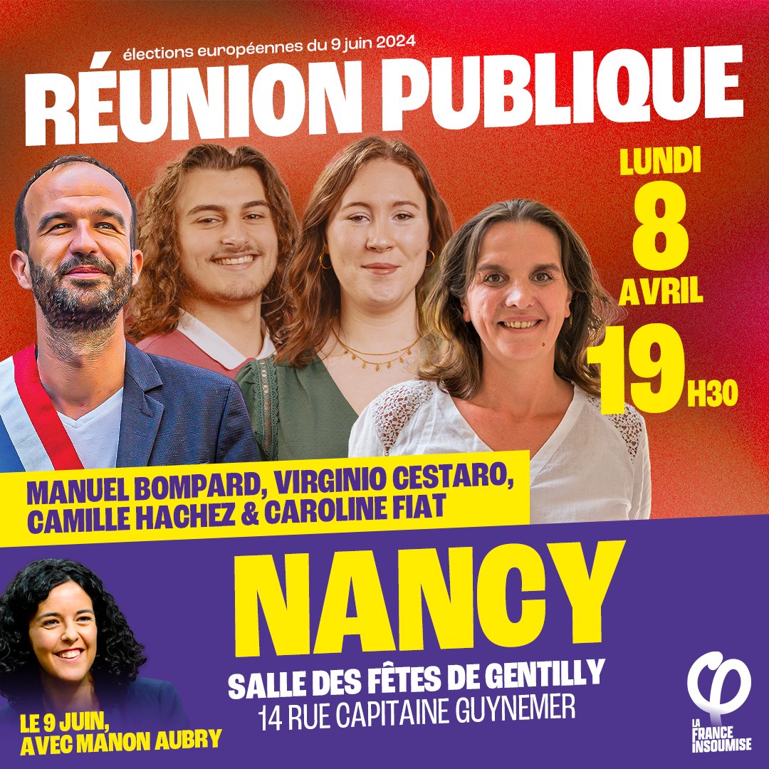 🗓️ Nous vous attendons nombreux·es ce lundi 8 avril, à 19h30, à notre réunion publique à Nancy avec mes camarades @CarolineFiat54, @Camille_Hachez et @virginio_42 !