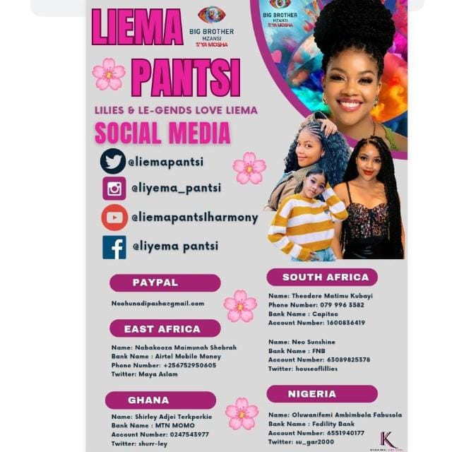 Follow LIEMA PANTSI on all social platforms  while at it drop something for her homecoming  🙏🌸🌸🌸

WIN WITH LIEMA PANTSI 
LIEMA PANTSI X LLF AWARDS