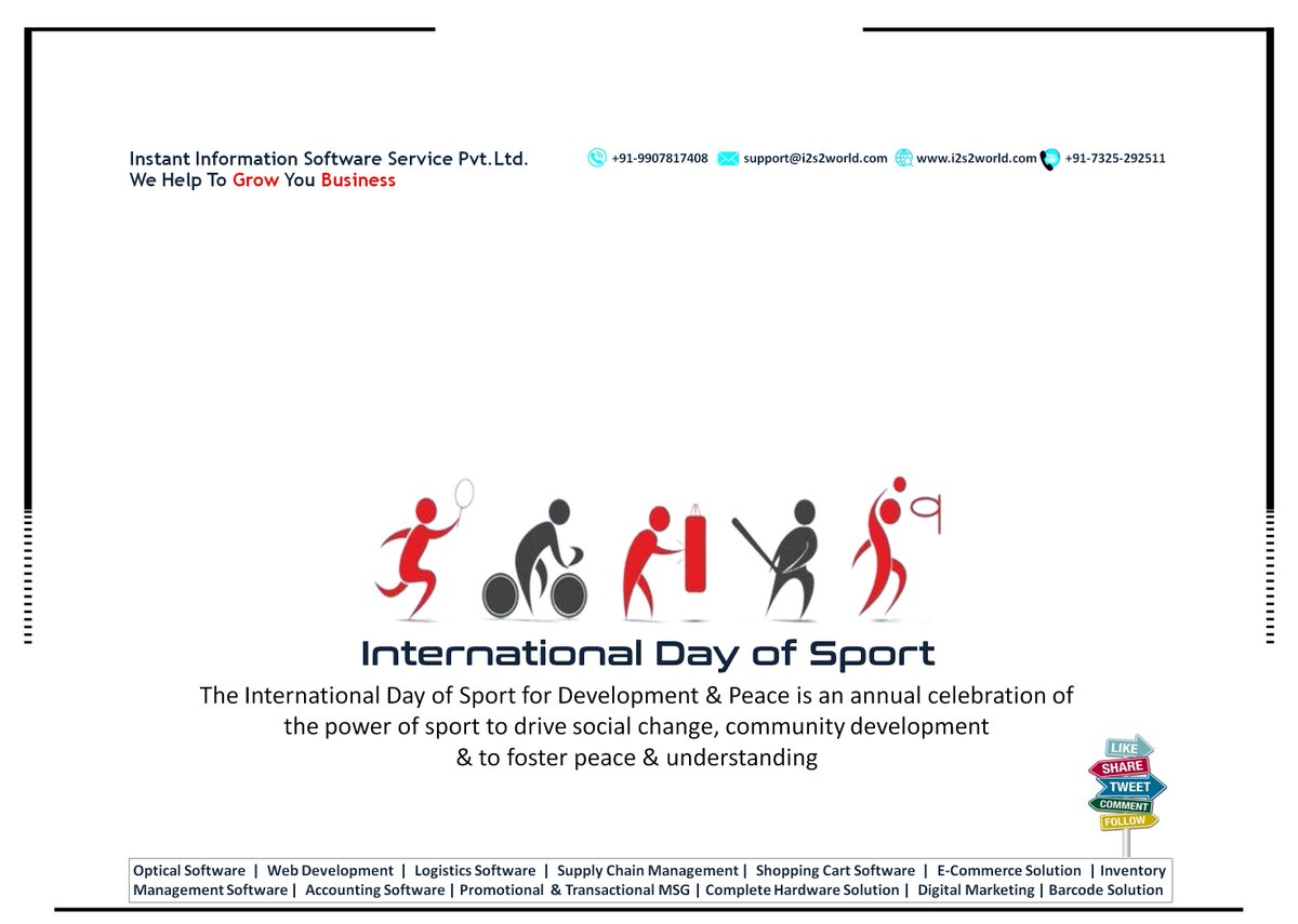 Sport has the power to change the world
#International_Day_of_Sport
#SportForPeace
#अंतरराष्ट्रीय_खेल_दिवस
#Optical_software
#Opticalsoftware
#i2s2
#Optocare
#9907817408
#AaharStore
#Web_Development
#ERP
#ITSolutionExperts
#websitedesign
#webdevelopment

i2s2world.com