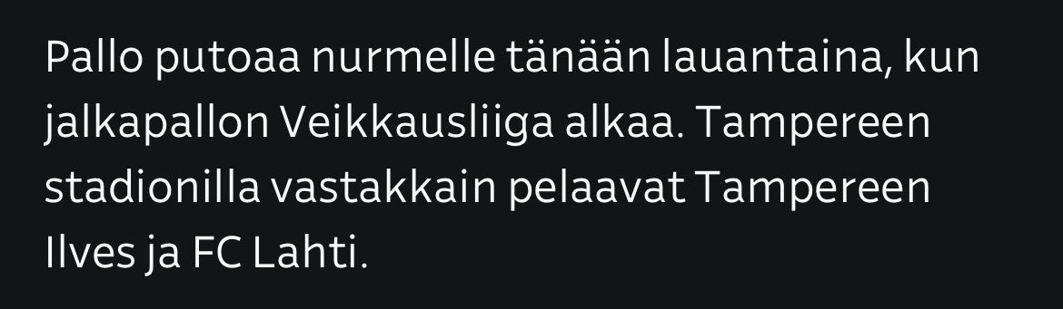 Tänään taas naurattaa suomalaisen urheilujournalismin taso <a href="/yleurheilu/">Yle Urheilu</a>.

Mielenkiintoista olisi kyllä nähdä tämä futispelin startti. 😅 <a href="/ilvesfootball/">Ilves Football</a>