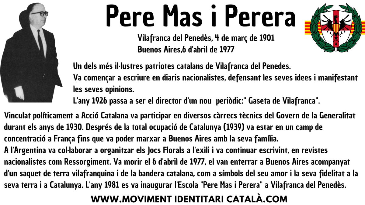 El 6 d'abril de 1977 va morir a Buenos Aires, Pere Mas i Perera, un dels més il·lustres catalans de Vilafranca del Penedès. Militant d'Acció Catalana, després de la total ocupació de Catalunya (1939) es va exiliar a l'Argentina.