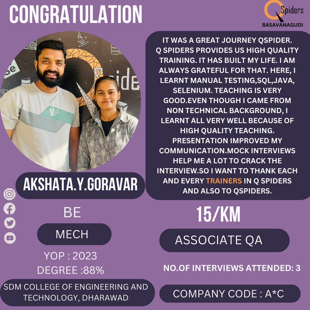 🎉  Let's celebrate the incredible achievement of Akshata.Y.Goravar BE  (CIVIL) graduate from QSpiders Basavanagudi, who has landed a stellar  role as a Associate QA!

#QSpidersSuccess #InternshipJourney #BrighterFuture #QSpidersBasavanagudi #EducationEmpowers