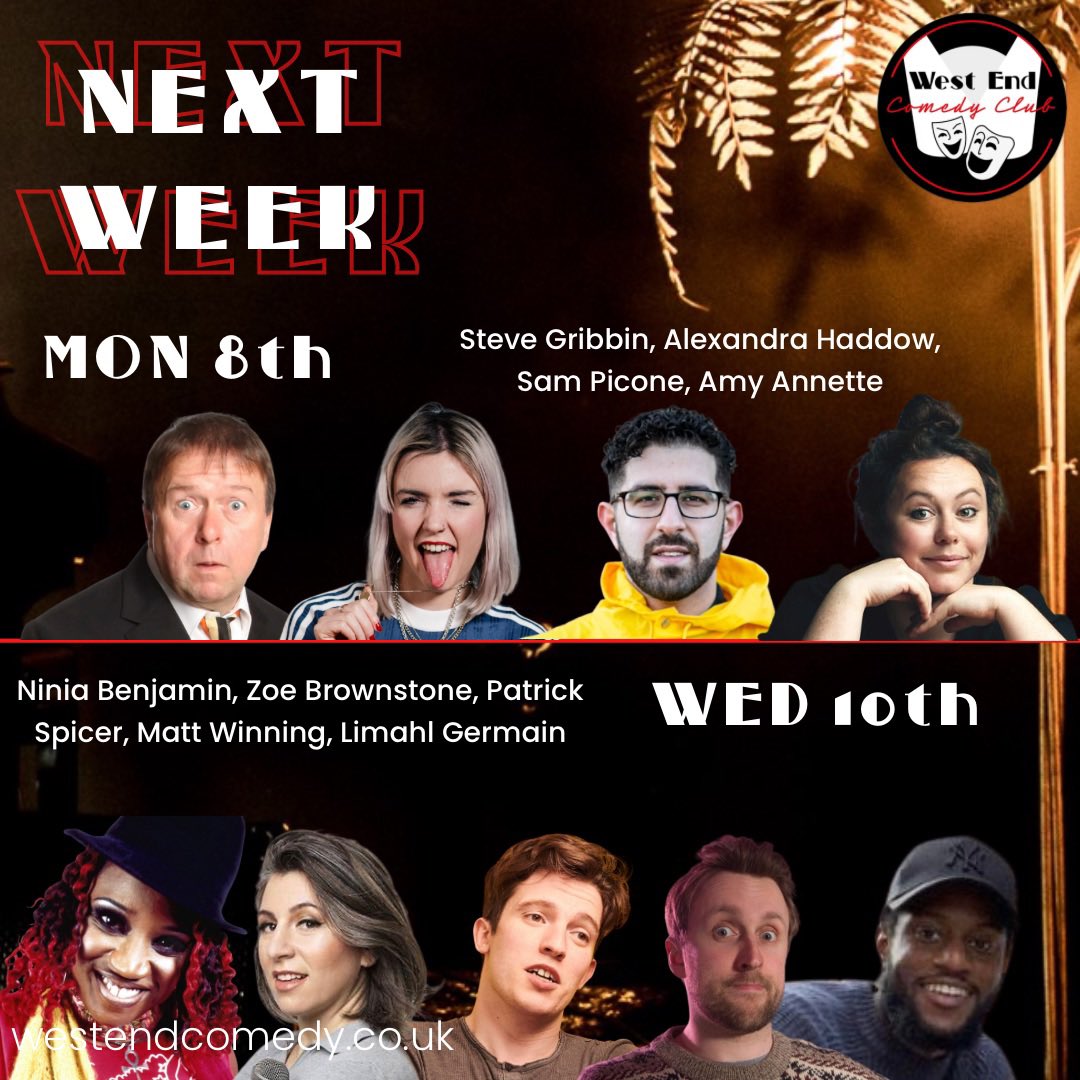 Exciting things happening this week!

Doors 7.15pm |  Shows 7.45pm
🎟 westendcomedy.co.uk