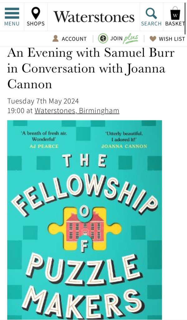 Full tour dates will be announced very soon but just want to say a big thanks to @BhamWaterstones and the brilliant @JoannaCannon for agreeing to this event. When I started writing Puzzlemakers at the @FaberAcademy y I was asked to talk about a book I loved. My answer: The…