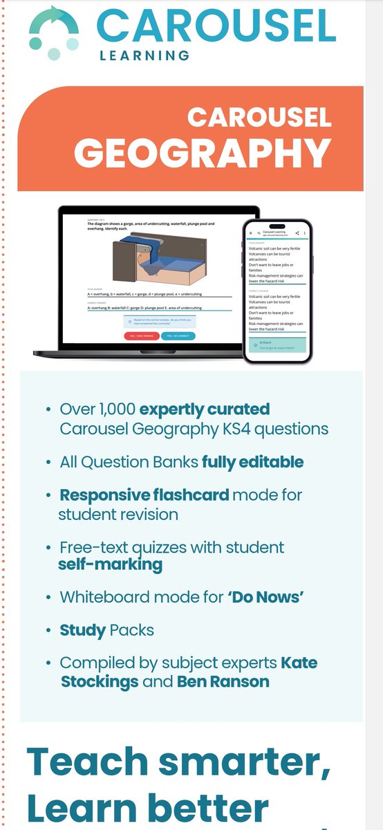 A big shout out to the legendary @kate_stockings & Ben Ranson, authors of the Carousel Geography Question Banks. If you'd like to learn more about how Carousel can help you up the quality of retrieval practice and HW in your school (and bag a discount), come see us at #GAConf24.