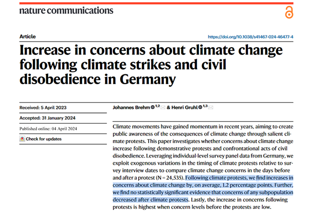 Yet more evidence that getting out on the streets is effective at raising public concern about climate change, and that there is no 'backlash' from civil disobedience Activism works