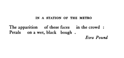 Ezra Pound's Imagist poem In a Station of the Metro was published in Poetry magazine in April 1913.