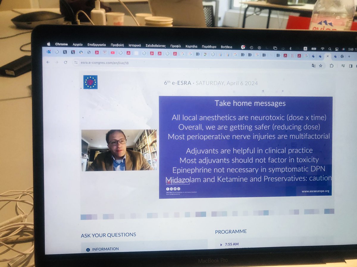 Interesting points by Dr Philip Lirk! 👌all LAs are potentially neurotoxic, in part because we are overdosing 👌a variety of adjuvants can be applied! 👌nerve injury is multi factorial/LAs not to be blamed all the time #eESRA2024