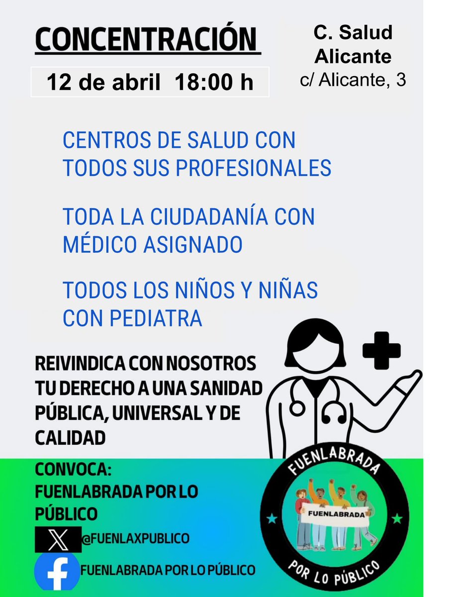 #Sanidad_Pública
#La_lucha_es_el_único_camino
Por eso seguimos  defendiendo los  CC Salud de Fuenlabrada de los recortes de la Comunidad de Madrid.
✳️  Concentración
📌 Viernes 12 abril 🕛 18:00 horas
🏥 C. S. Alicante Alicante 
Faltan 5 médicos 🩺 de 17.
‼️ACUDE Y DIFUNDE ‼️