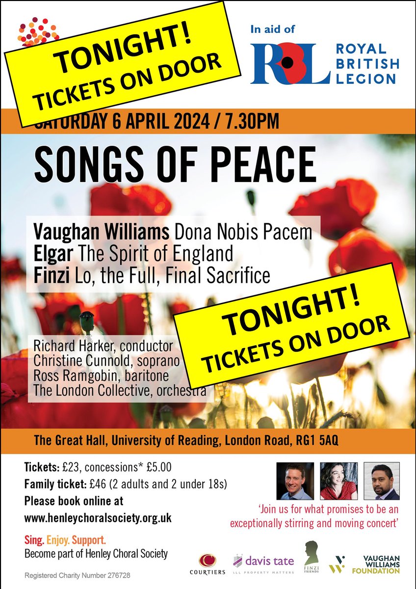 Online ticket sales for gorgeous Songs of Peace concert #Reading now closed - but you are in luck! Tickets available on the door inc. £5.00 concessions students, under 25's, veterans & members of services, etc. Free parking by venue at Crown Place, RG1 5AG. We can't wait. 😍🎶👏