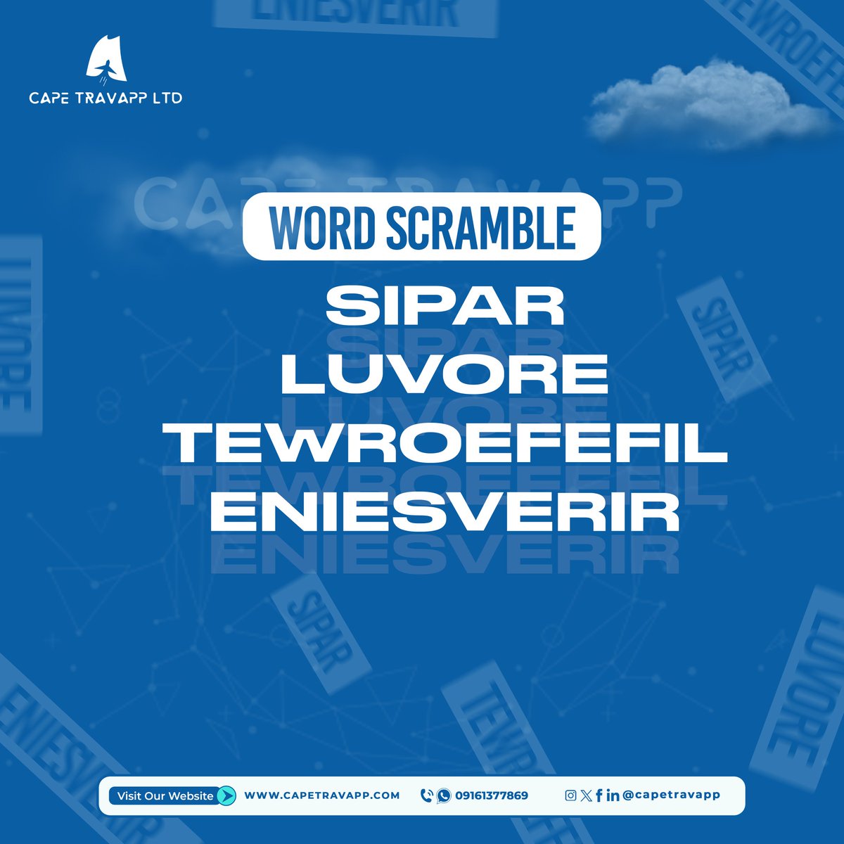 capetravapp's tweet photo. Unscramble the fun! Can you crack the code?
#wordscramble #explorefrance #francetravels #paris #louvre #capetravels #capetravapp #packages #travel #instatravel #holiday #holidayfun #vacation #trip #tourism #group #destinationearth #destination #travelphotography #visa #holiday https://t.co/qOVmku2FLB