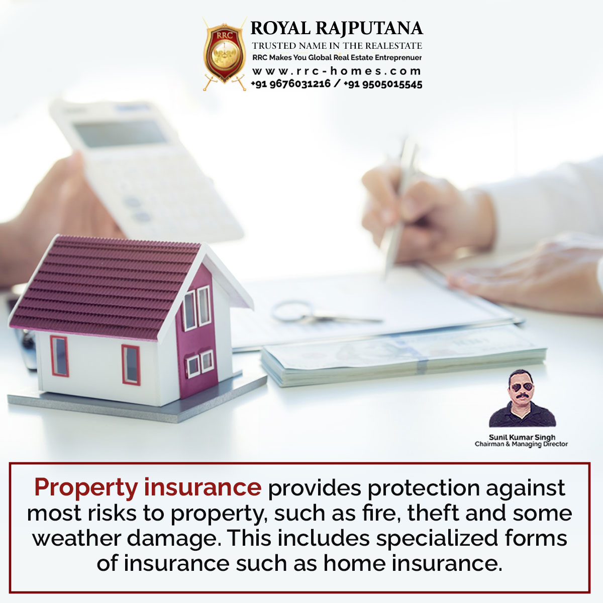 Property insurance provides protection against most risks to property, such as fire, theft and some weather damage. This includes specialized forms of insurance such as home insurance.

#royalrajputana  #rrc #properties #aboutrrc #propertyinsurance #risks #fire #home #damage