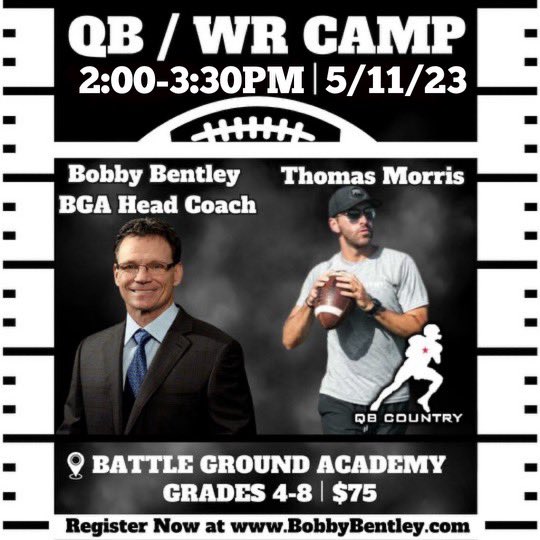 Excited to be back at Battle Ground Academy with @QBC_Nashville on May 11 Special guest will join us @USFFootball all time leading WR @seanatkinss Register now !!