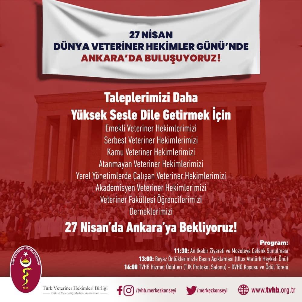 Tüm meslektaşlarımızı DÜNYA VETERİNER HEKİMLER GÜNÜ’nde dayanışma ve birlikte mücadele için Ankara’ya davet ediyoruz. #DünyaVeterinerHekimlerGünü #VeterinerHekimlerHaklarınıİstiyor