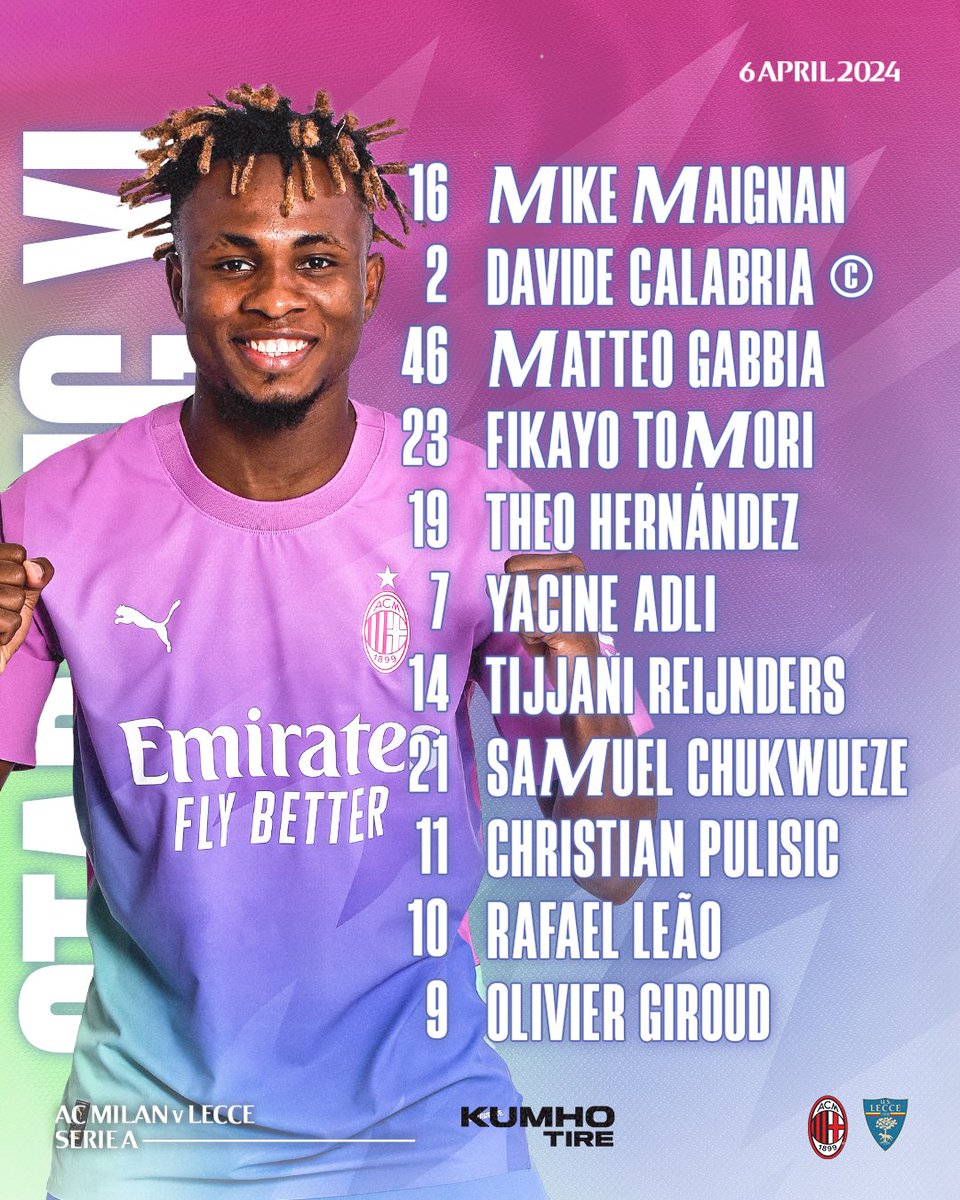 acmilan's tweet photo. Your Rossoneri starting XI for #MilanLecce 📋

#SempreMilan
Brought to you by 𝗞𝘂𝗺𝗵𝗼 𝗧𝗶𝗿𝗲 https://t.co/L51TuLGjtt