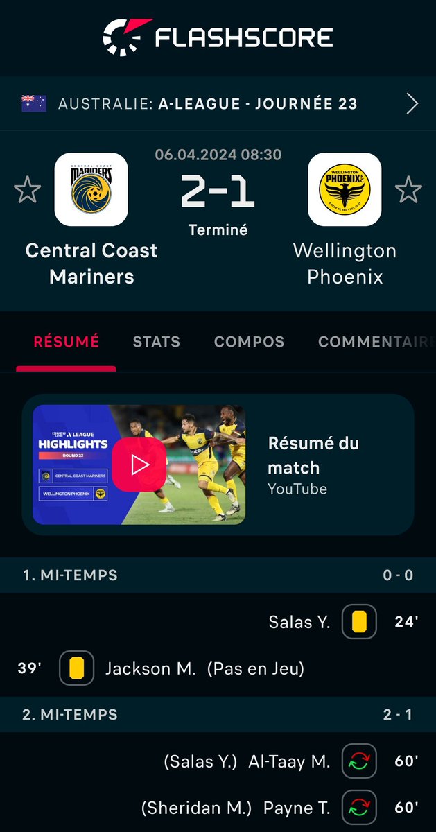 #CentralCoast Mariners - Wellington Phoenix 2:1
@FlashscoreFR 
Plus d'infos: flashscore.fr/r/?t=1&id=f5Qx…