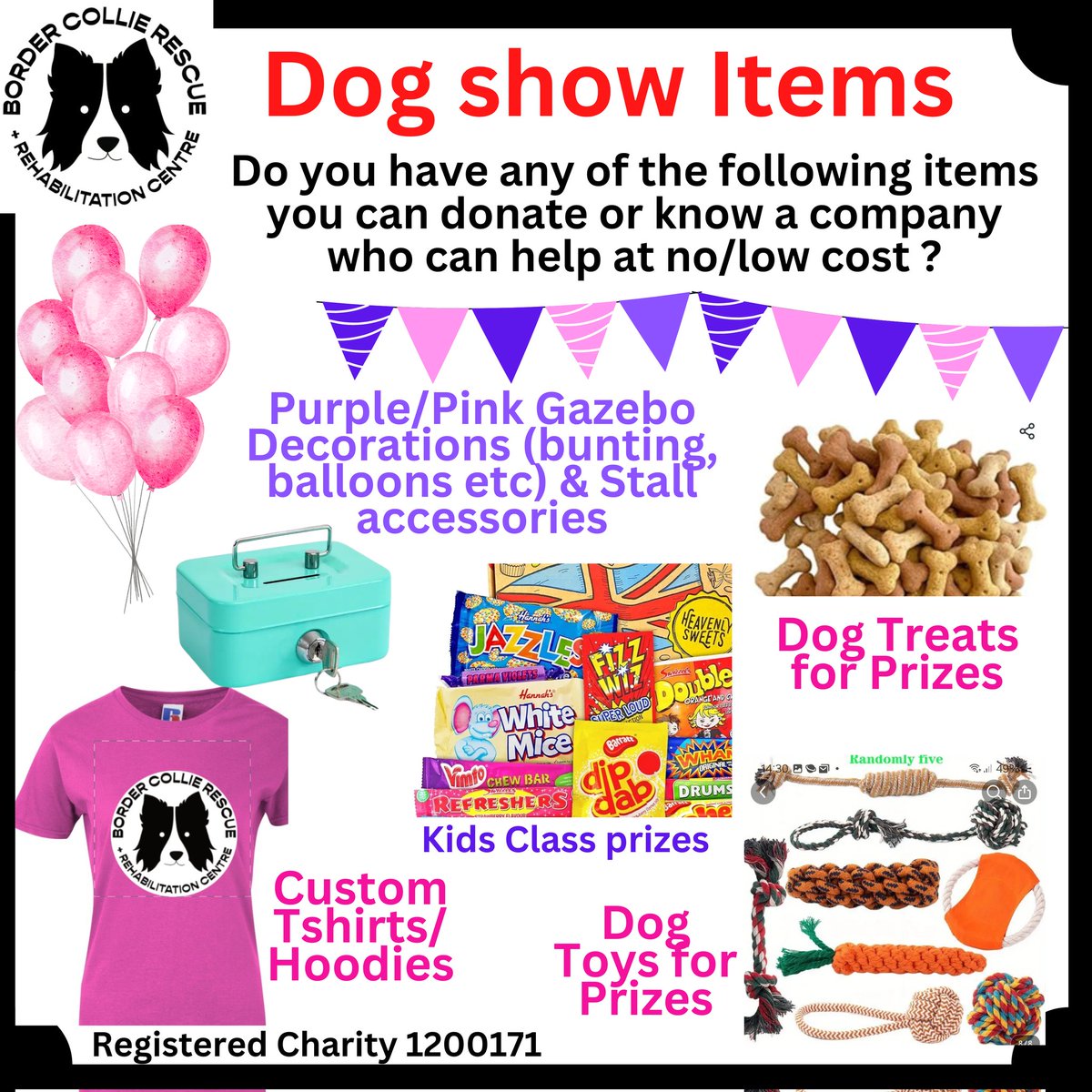 🏆DOG SHOW EVENT ITEMS We are looking for items to snazzy up our gazebo and help us on the stand All suggestions welcome, please tag companies! We need items for prizes as dog treats/toys, kids toys/sweets We are hoping a tshirt/hoody company may offer us reduced price items🙏