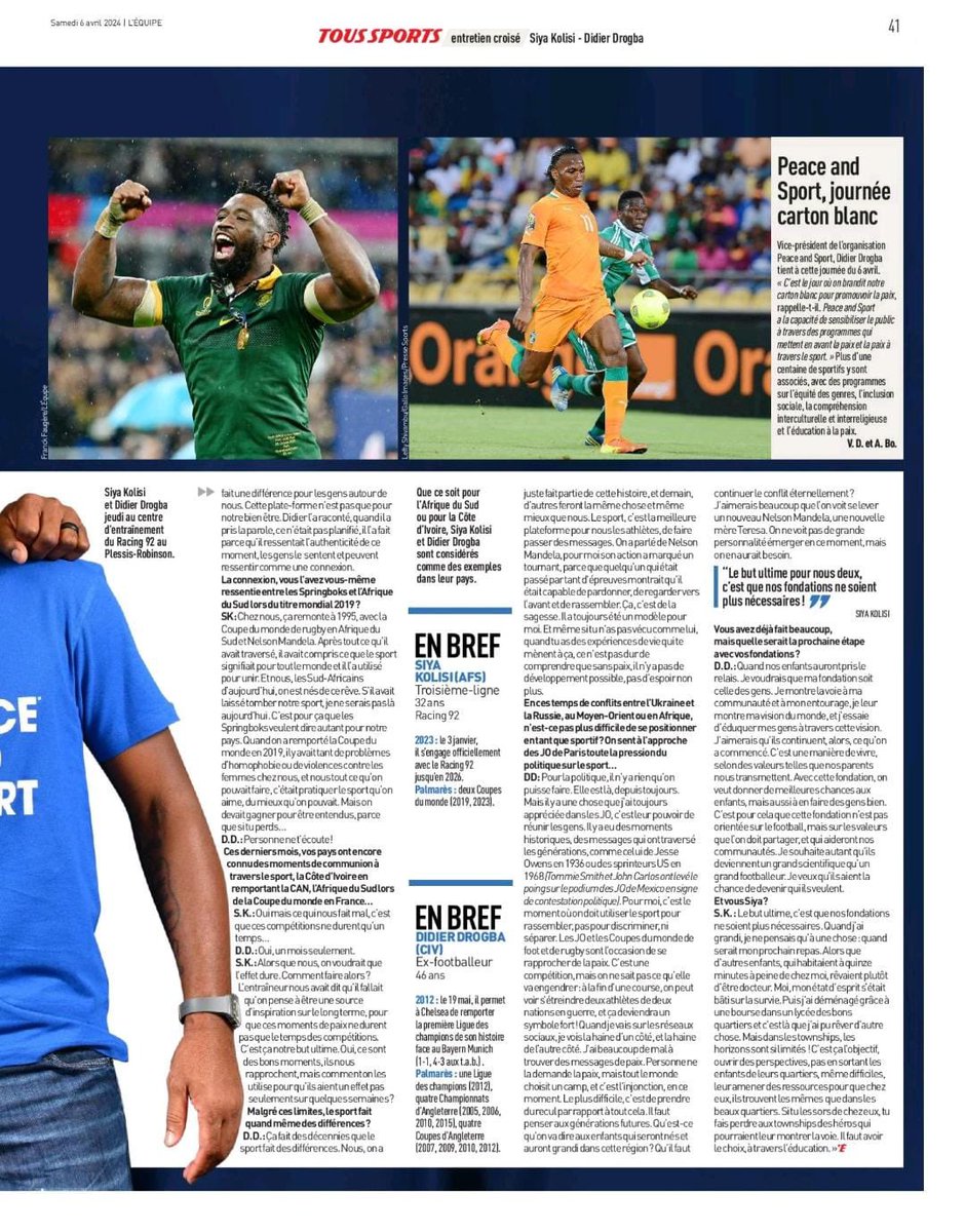 didierdrogba's tweet photo. Happy to have shared a very special moment of interview as Vice -President of @peaceandsport with a back to back Rugby World Cup Winner, a Champion for Peace, my Brother @siyakolisi 

We shared our vision and experiences on the importance of Peace on this 6th of April, the International Day of Peace.

Social inclusion, intercultural, interreligious understanding and peace education should be everyone’s focus and goal in life.
We chose to promote Peace rather than choosing a side that accentuates divisions.

So proud to see how sports values, events or persons can have the power to unite the World.
 We are raising our #WhiteCard today 6th of April, to promote Peace in the World, so raise your white card with us!!
@lequipe @peaceandsport