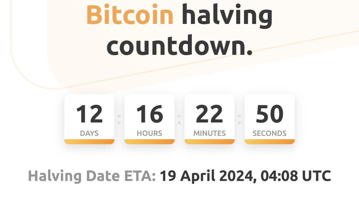 Only 12 days before the next #Bitcoin  halving! $BTC always pumps after the halving. - 1st Halving: +8,000% - 2nd Halving: +3,000% - 3rd Halving: +800% #GroveX #BTC #BNB #PEPE #Solana