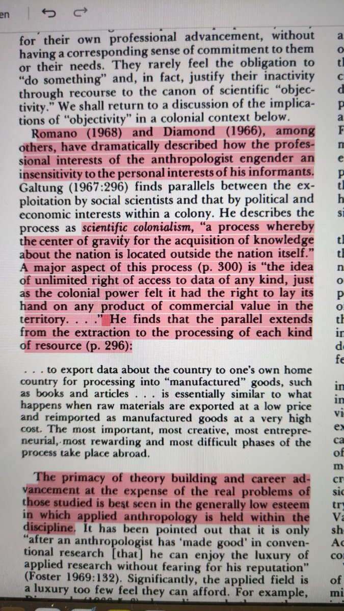 scientific colonialism, 'a process whereby the centre of gravity for the acquisition of knowledge about thr nation is located outside thr nation itself.'