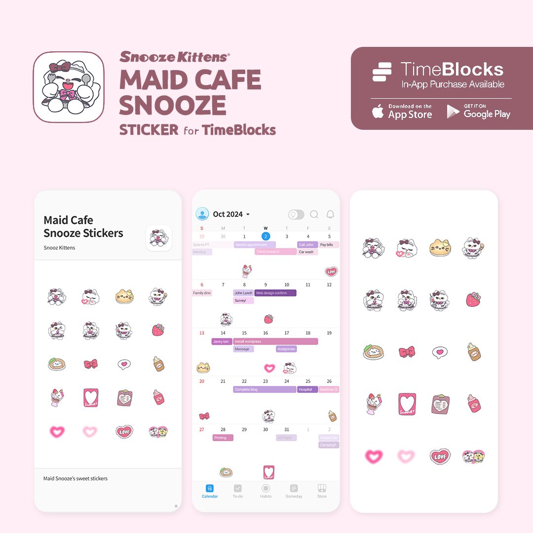 SnoozeKittens's tweet image. 스누즈키튼즈 X 타임블럭스, 스누즈 메이드카페 타임블럭스 테마와 스티커가 출시되었어요!💝🎀 모바일에서도 쉽게 스케줄링 할 수 있는 다이어리앱 타임블럭스에서 ‘스누즈키튼즈’를 찾아주세요.(인앱구매)🛒
@GetTimeBlocks #스누즈키튼즈 #타임블럭스 #TimeBlocks #디지털다꾸 #플래너앱 #캘린더앱