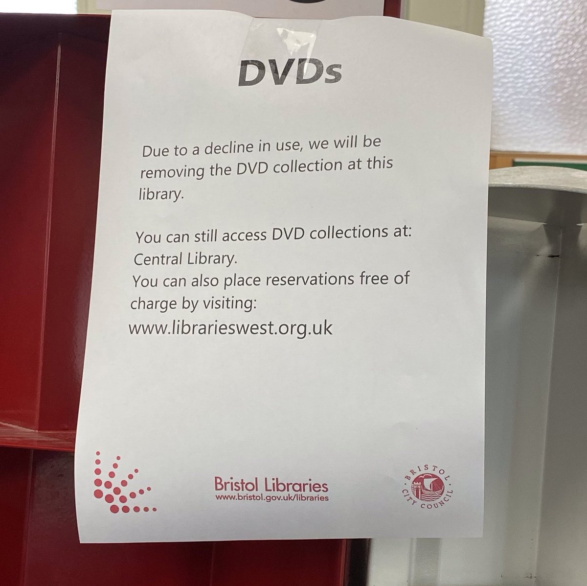 SaveRedlandLibr's tweet image. A sad day for #Bristol’s #RedlandLibrary with the loss of the DVD stock.   Another casualty of streaming?

There are still DVD’s in the Central Library