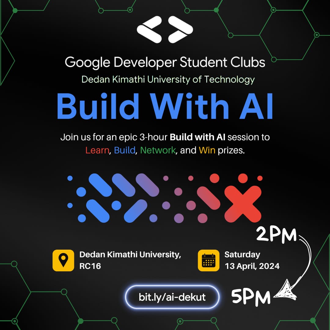 Join us at the #BuildWithAI GDSC DeKUT session, a 3-hour session of learning, innovating and collaboration as we dive into the world of #GoogleAI together. 🔥 📅 Sat, 13th April 2024 ⏲️ 2PM to 5PM 📍 @DeKUTkenya Learn more and RSVP: bit.ly/ai-dekut 🚀 cc @gdsc_dekut