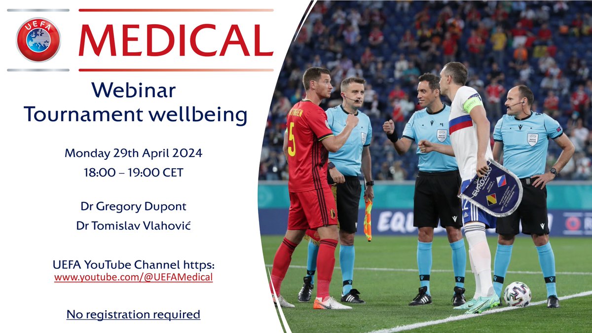 With our last @UEFA Medical Webinar still fresh in your minds, it might be the right time to announce the next topic and speakers. Gregory Dupont and Tomislav Vlahovic will discuss protecting your team's well-being and performance during tournaments.