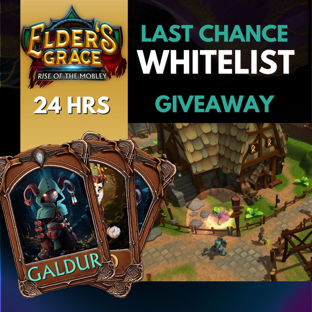 ⏰🚨 Whitelist Final 24 HR GIVEAWAY ⏰🚨. 
There’s just a few hours left to secure your Whitelist and we're giving away 20 WL spots!  
To enter: 
1️⃣ Comment on this post 
2️⃣ Join our Discord here 👉 buff.ly/457XVqK     

#EldersGrace #Web3 #ARPG