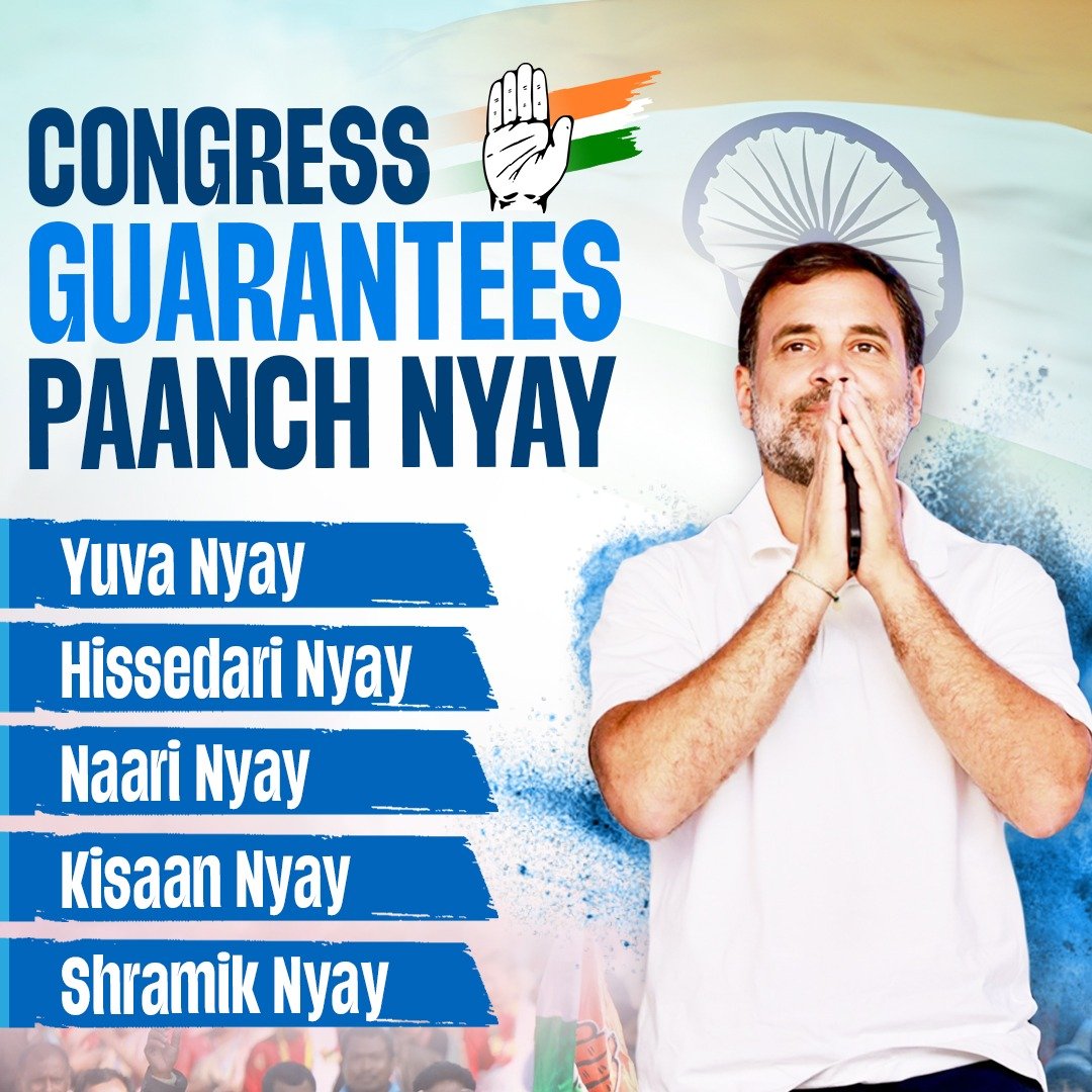 Congress' Guarantees 👉Yuva Nyay 👉 Hissedari Nyay 👉Naari Nyay 👉Kisaan Nyay 👉Shramik Nyay Haath Badlega Halaat ✋
