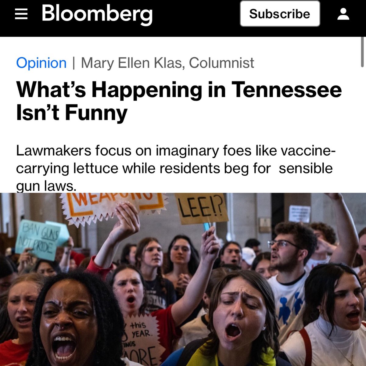 🎯 BLOOMBERG: “What’s happening in Tennessee isn’t funny… the Republican-controlled body, dominated by old White men, act as if they’ve been thrust into a century for which they are not quite prepared. It might be entertaining if it weren’t so frightful.” bloomberg.com/opinion/articl…