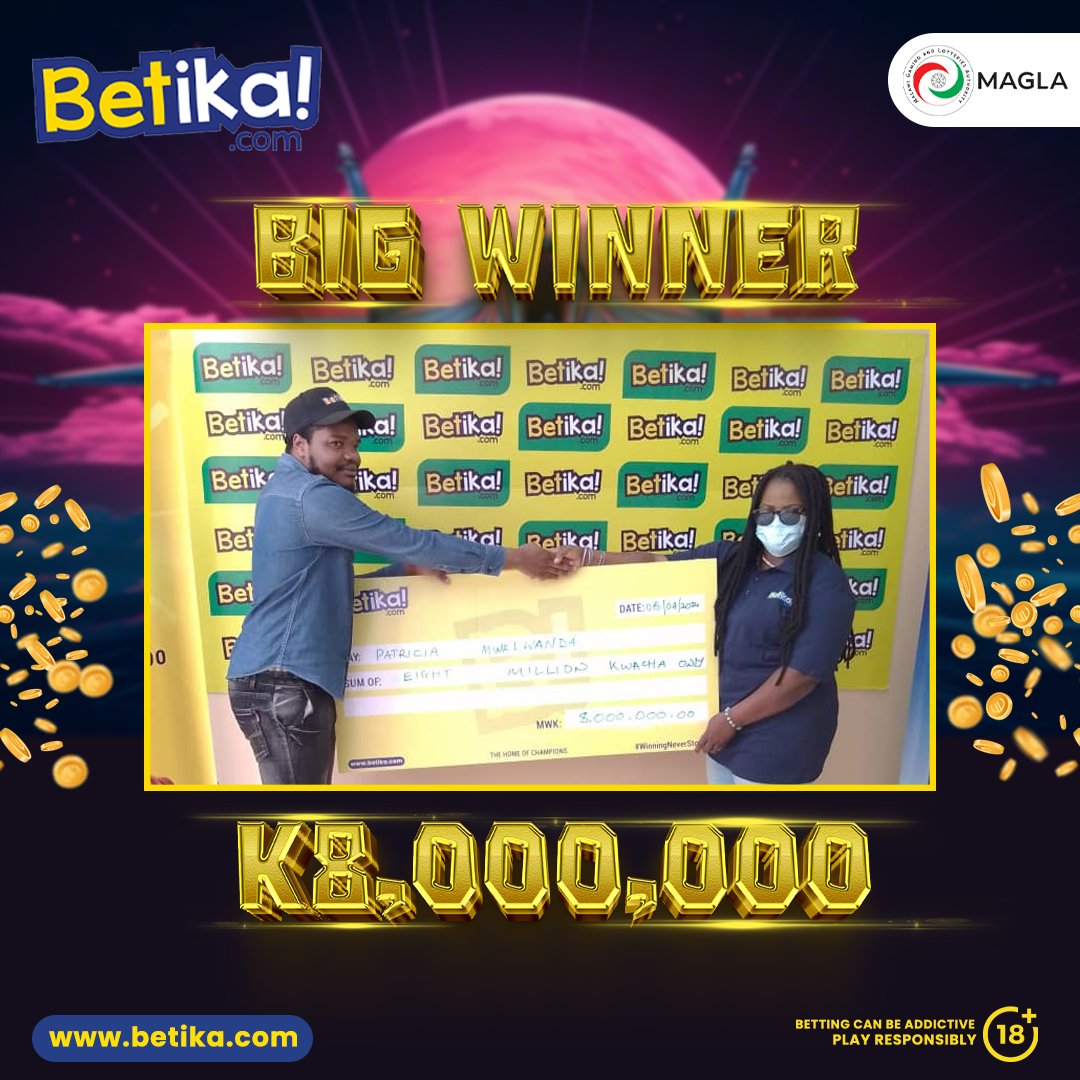 A Blantyre based 30-year-old business operator Patricia Mwalwanda has won K8 Million from Betika Malawi Ltd after placing a K800 bet on Aviator game.

#BetikaMalawi #Betika