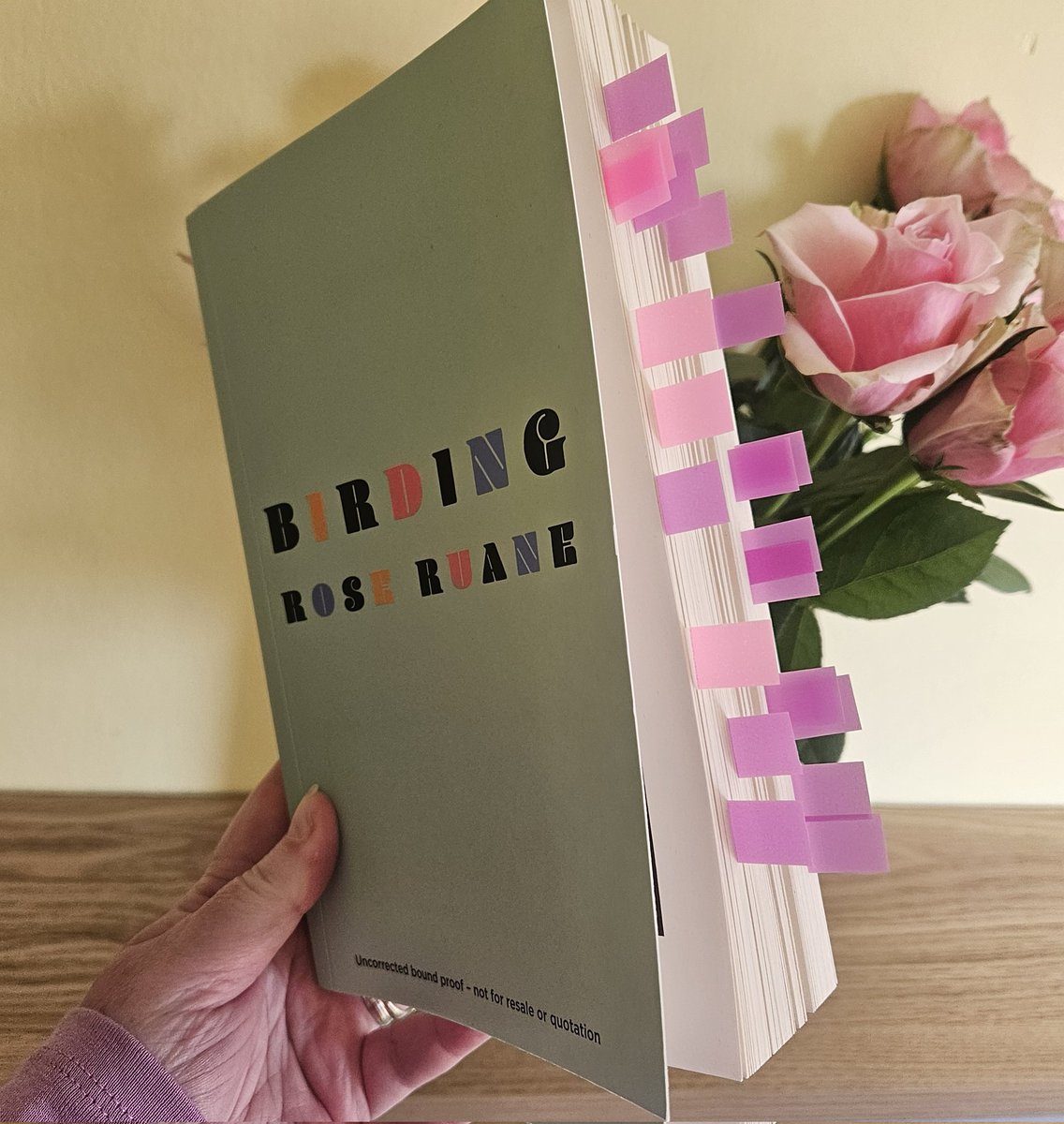 Often when I'm reading I'll tab a beautiful piece of writing or an idea Usually, that's a couple of tabs per book Look at the state of my proof copy of Birding though 😍 Poetic, insightful and so wise, I bloody adore this book Brava @regretteruane 👏🍦