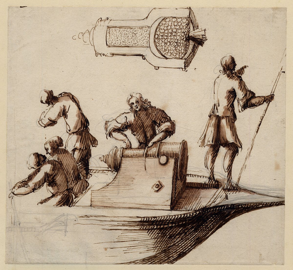 A mortar mounted on a boat. Drawn by Prince Rupert of the Rhine, probably after 1660. (British Museum)