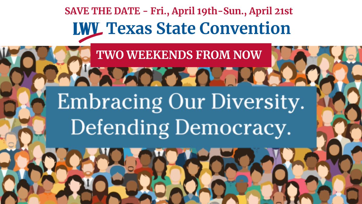 SAVE THE DATE! Only 2 weekends until it’s here! The LWVT Biennial Convention will be in Dallas Fri., April 19th - Sun., April 21st. The convention will include workshops, meals, a theatrical presentation & more. Register Event Calendar at lwvtexas.org. #LWVD #LWVT #LWV