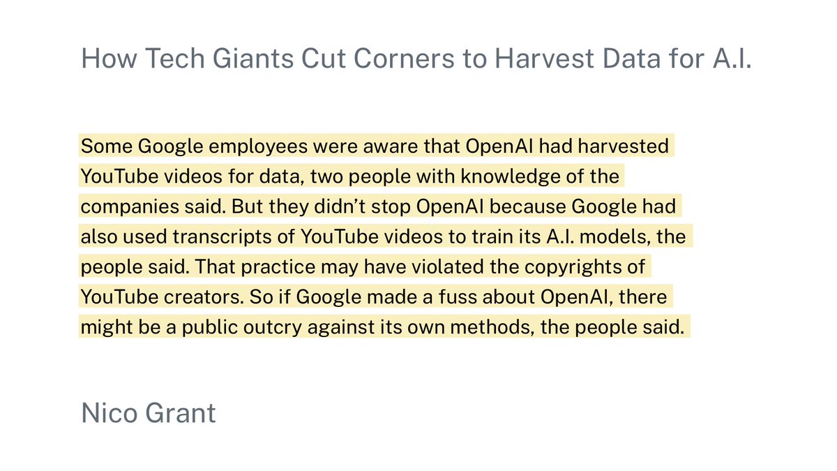 From today’s @nytimes: AI companies need data to scale their products, and they’re running out of open data. So copyright be dammed. nytimes.com/2024/04/06/tec… One of many 👀👀👀 gems: