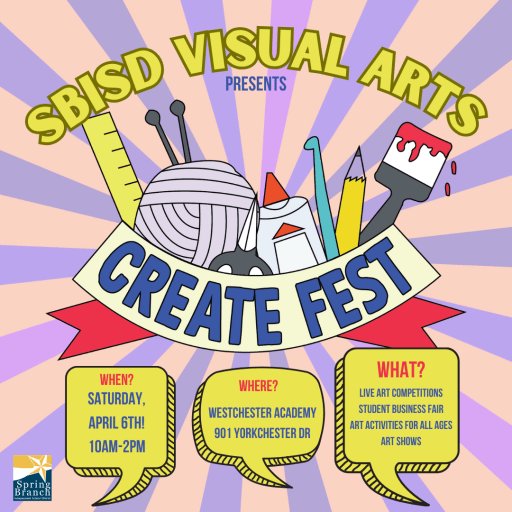 SBISD's tweet photo. Today is Create Fest 10 a.m to 2 p.m., at the Altharetta Yeargin Art Museum at Westchester Academy! 🌤️ Be sure to tag us in your photos from the event today, We can't wait to see your amazing artwork and fun selfies. #SBISDFineArts https://t.co/rLpkkVPPRG