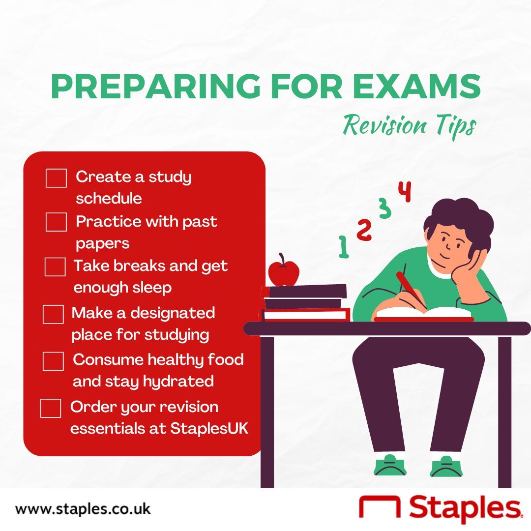 Exam Season is right around the corner! Are you ready? 📝 Check out our revision checklist to help you prepare effectively and make the most of your study sessions! You’ve got this! 🎓 - #StaplesUK #Exams #Education #Revision #StudyTips #StudyHacks #RevisionTips #RevisionHacks