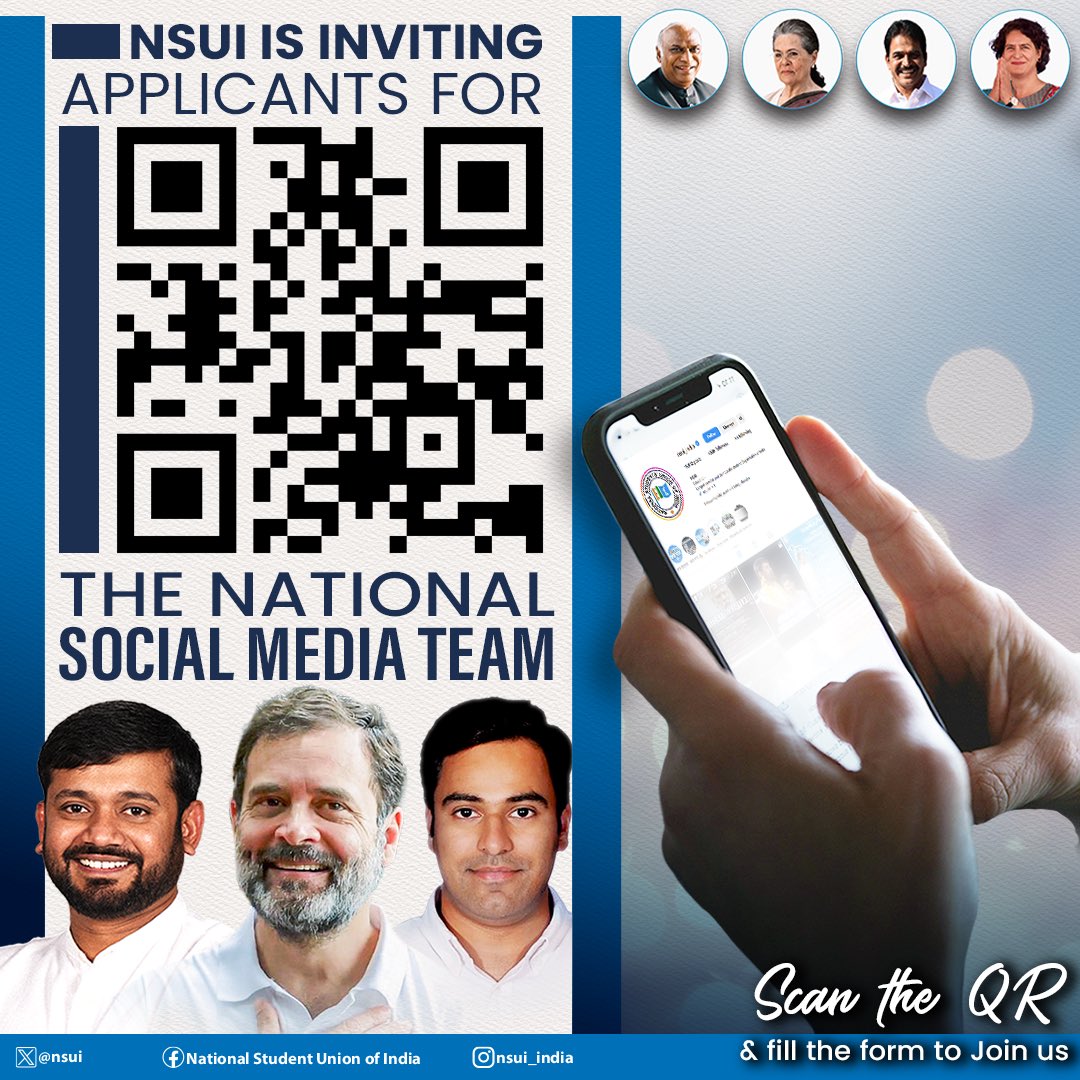 Calling all social media enthusiasts! 

NSUI is looking for dynamic individuals to join our National Social Media Team. 

Scan the QR Code and apply!

#YuvaNYAY #NSUI