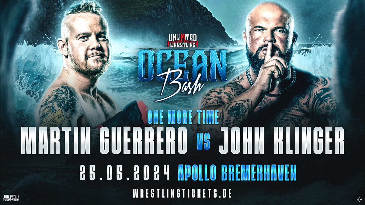 Guerrero/Klinger II wird der Main Event von OCEAN BASH am 25.05.24. Es wird der 14. Hauptkampf bei Unlimited Wrestling für Klinger und der erste überhaupt für Guerrero. Es sind weniger als 20 Tickets übrig: 🎟️wrestlingtickets.de