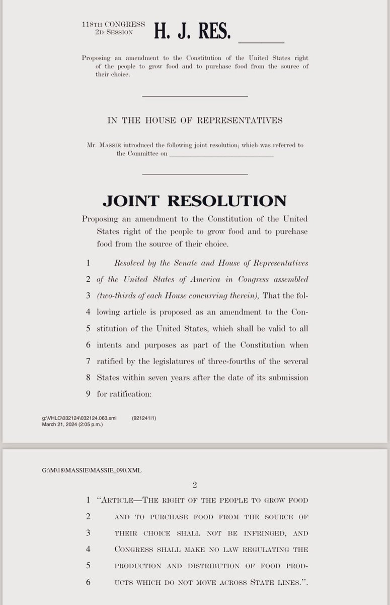 Proposed Constitutional Amendment: “The right of the people to grow food and to purchase food from the source of their choice shall not be infringed, and Congress shall make no law regulating the production and distribution of food products which do not move across state lines.”