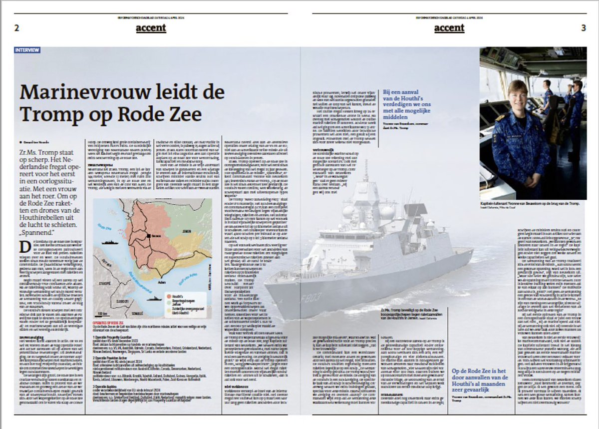 Zr.Ms. Tromp actief in oorlogssituatie op Rode Zee. 'Bij een aanval verdedigen wij ons met alle mogelijke middelen'. Kapitein-lt. Yvonne van Beusekom van @kon_marine. Nu in @refdag rb.gy/o8bl4u #prosperityguardian #aspides #Houthis