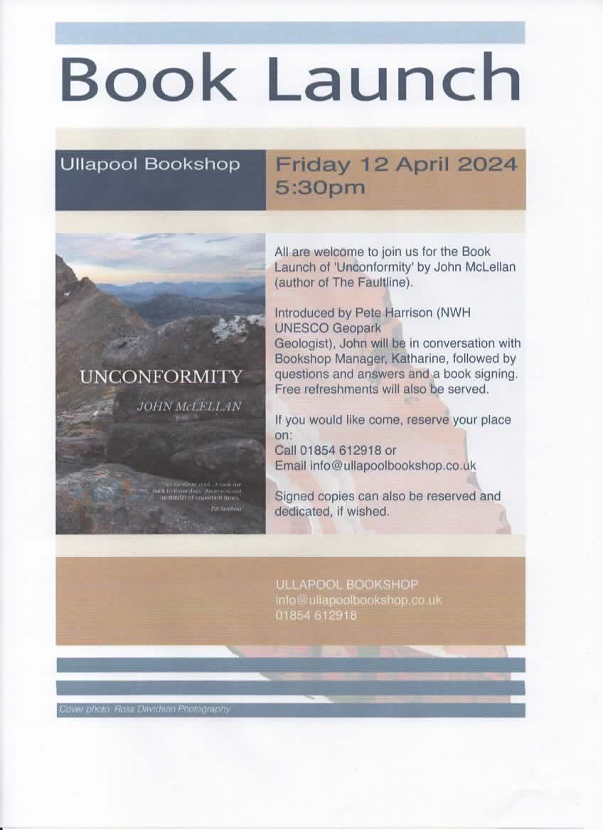 This Friday 12th April at 5.30pm @UllapoolB join us for wine / canapes to mark the book launch of @johnmac201 's 2nd novel called ' Unconformity', (author of The Faultline). The evening will begin with Pete Harrison from @NWHGeopark @_rossdavidson facebook.com/events/s/book-…