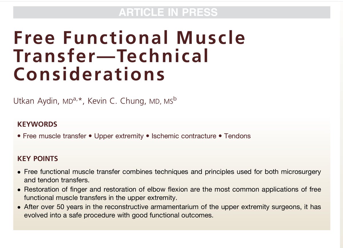 Fresh from the oven:Proud to share our review with <a href="/kecchung/">Kevin C. Chung, MD, MS</a>  on the technical considerations of free functional muscle transfer published at the Clinics in Plastic Surgery!Link below for free access (valid for 50 days only):

sciencedirect.com/science/articl…
#plasticsurgery #microsurgery