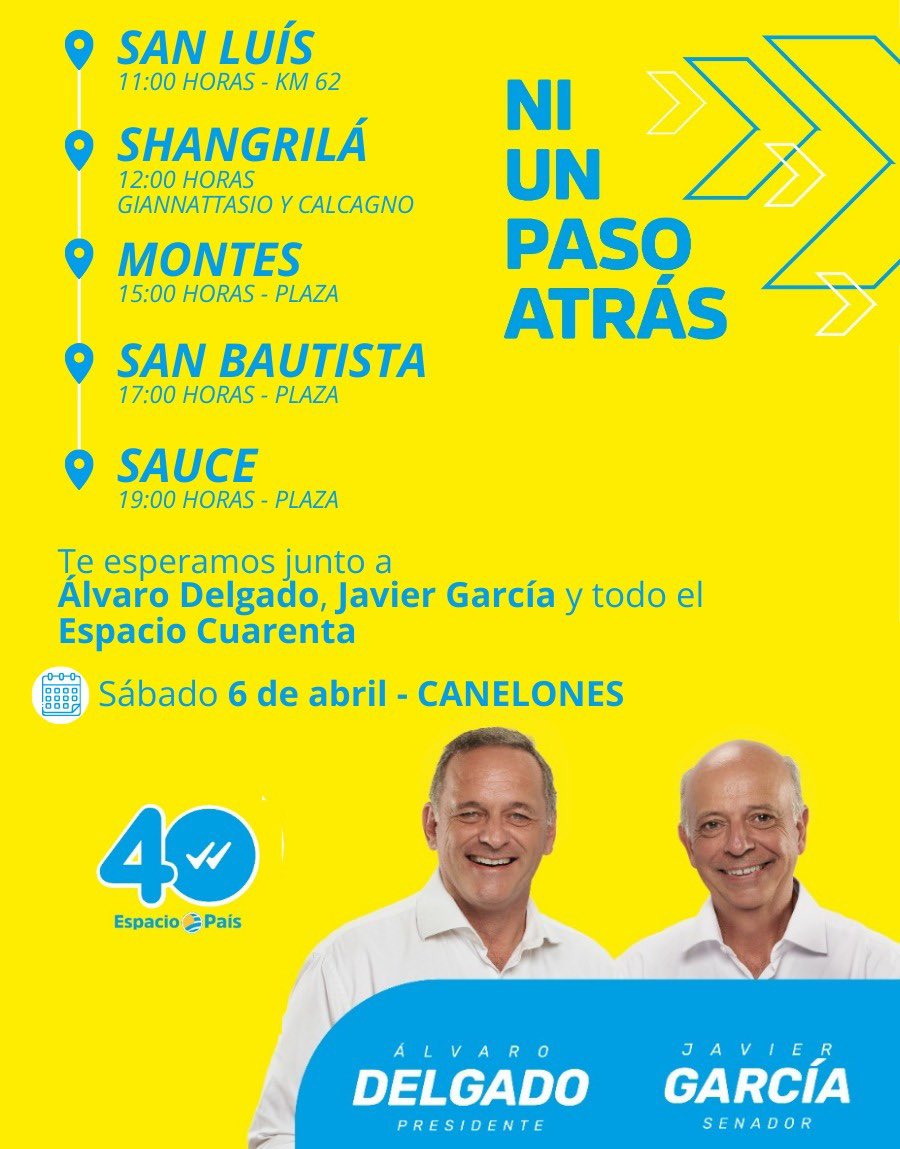 ¡Canelones, Buen Día! Hoy nos vemos en 6 localidades junto a nuestro candidato @AlvaroDelgadoUy #NiUnPasoAtrás