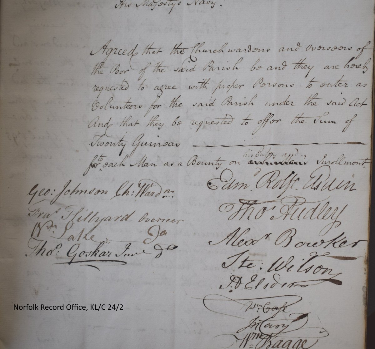 #onthisday 1795 the Lynn Petty Session agreed to raise nine men to serve in his Majesty’s navy. Each man was to be offered a bounty of Twenty Guineas on entry and enrolment @NorfolkRO
