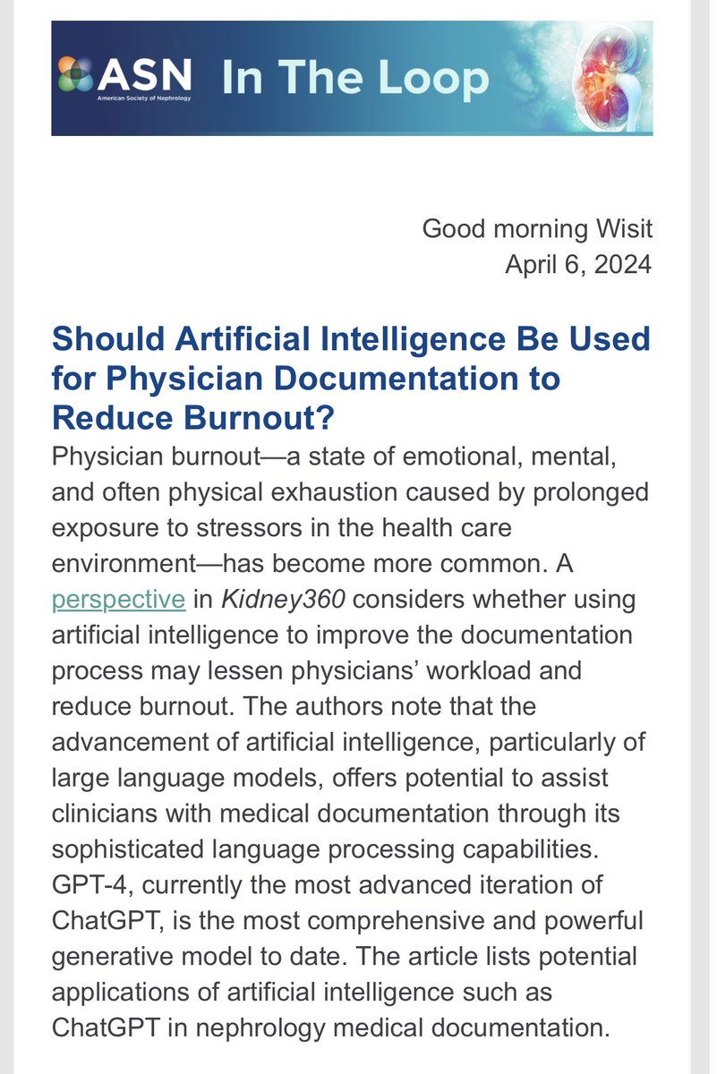 Thank you 😊 @ASNKidney for highlighting our @jingmiao2019 @MayoClinicNeph perspective article in Kidney360 @ASNKidney360 on the role of Artificial Intelligence in reducing physician burnout through improved documentation. It’s an honor to contribute to this vital discussion!