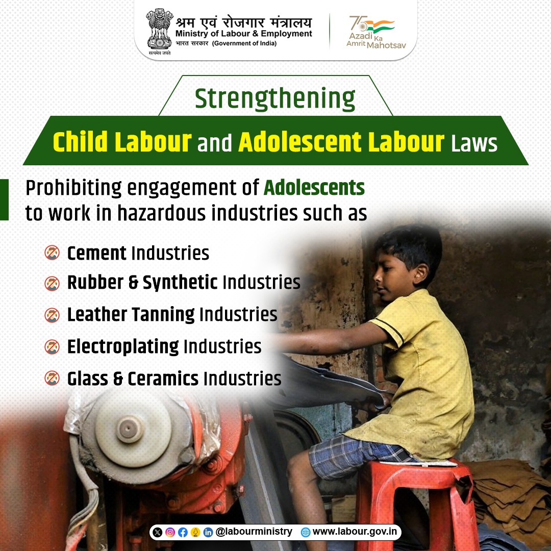 Adolescents are prohibited to work in hazardous industries as per the The Child & Adolescent Labour (Prohibition & Regulation) Act, 1986

Report incidents of #ChildLabour at pencil.gov.in and #SayNoToChildLabour

#LabourMinistryIndia #Employment #MoLE